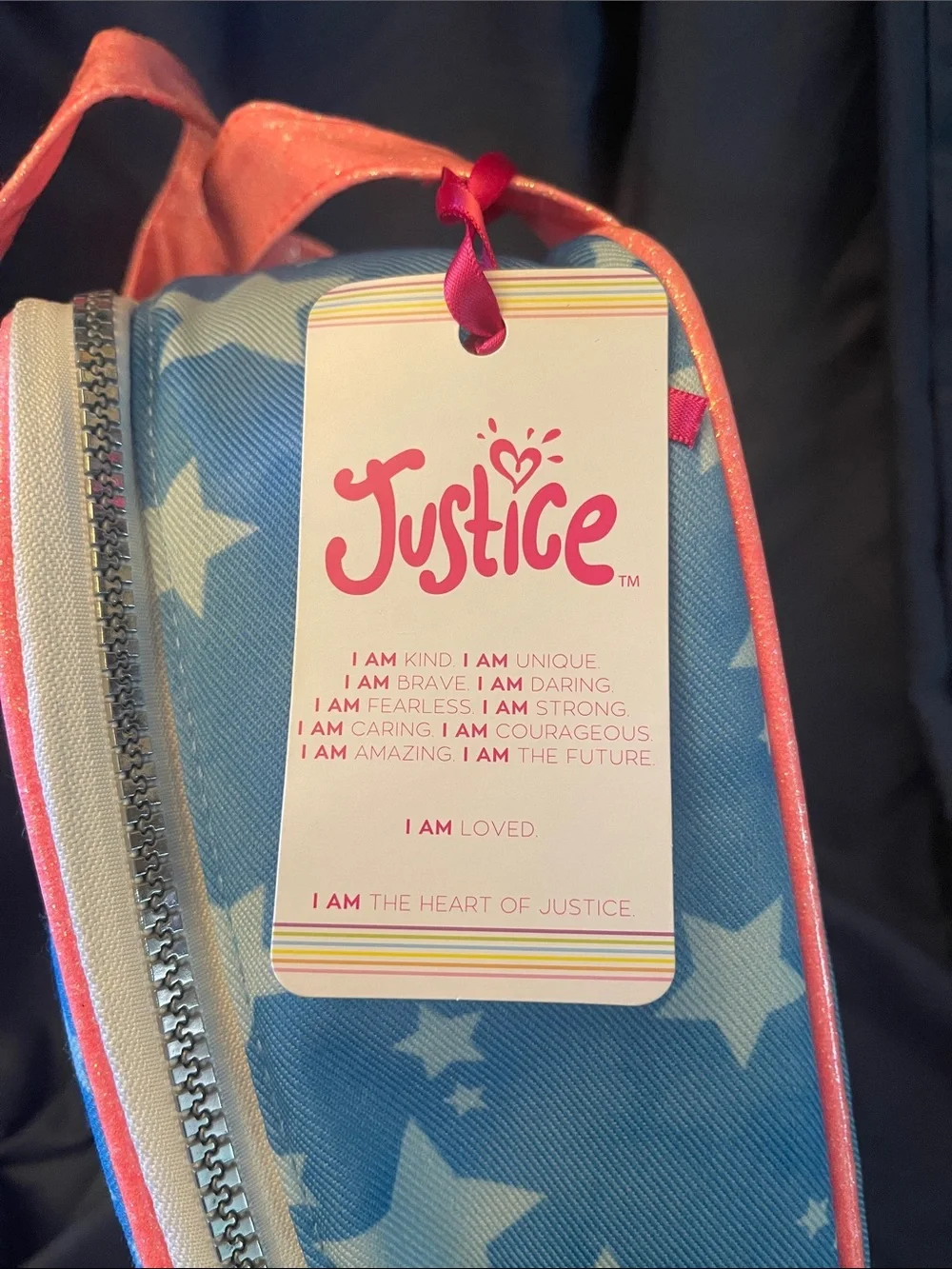 Justice Blue Star Lunch Bag with Coral Glitter Straps